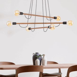 Drewniana lampa sufitowa Helix Wood 6 z drewnianymi belkami i sześcioma żarówkami Edison. Nowoczesna lampa wisząca do jadalni i salonu w stylu loft i industrialnym.