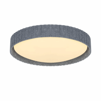Okrągły plafon sufitowy z szarym filcowym abażurem z żebrowaną teksturą i ciepłym światłem na białym tle.