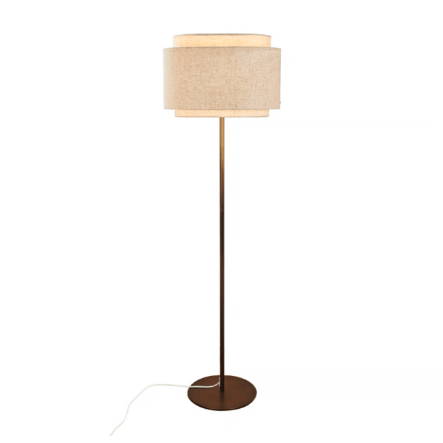 Stylowa lampa stojąca Takai z lnianym kloszem i mosiężną podstawą
