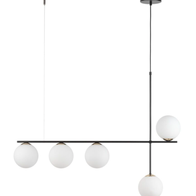 Stylowa i wydłużona lampa wisząca Balona 5 z białymi kulistymi kloszami