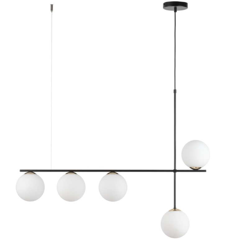 Stylowa i wydłużona lampa wisząca Balona 5 z białymi kulistymi kloszami