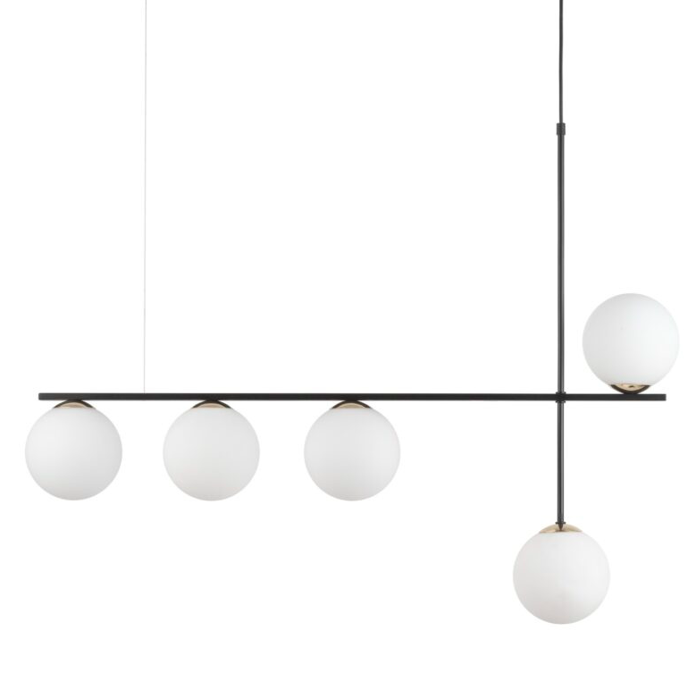 Stylowa i wydłużona lampa wisząca Balona 5 z białymi kulistymi kloszami