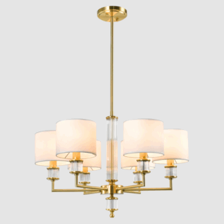 Elegancki złoty żyrandol Sutton 6 z kryształowymi zdobieniami i białymi abażurami