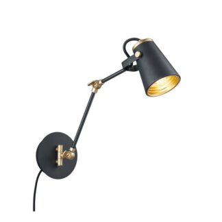 Czarny kinkiet na wysięgniku Edward z eleganckimi złotymi akcentami