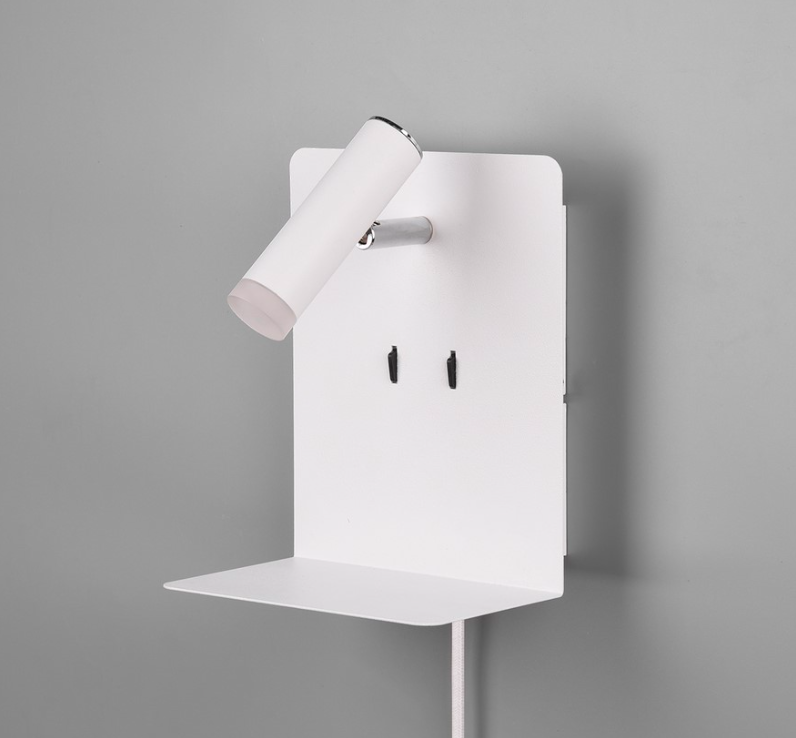 Podświetlany kinkiet LED do sypialni z półką i portem USB do czytania