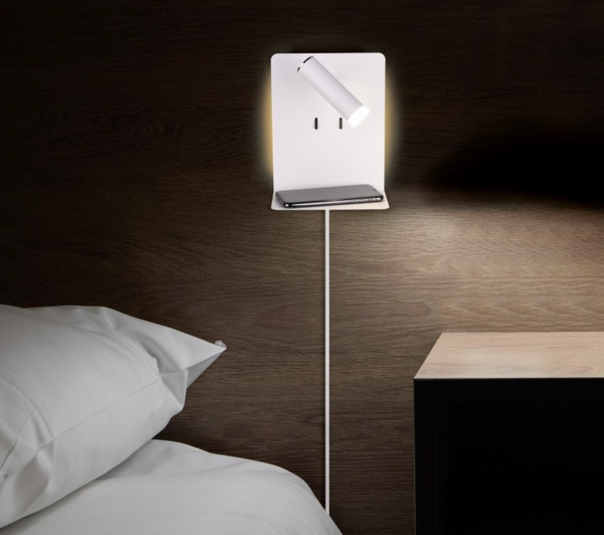 Podświetlany kinkiet LED do sypialni z półką i portem USB do czytania