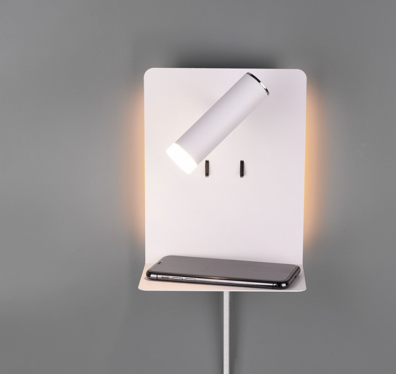 Podświetlany kinkiet LED do sypialni z półką i portem USB do czytania