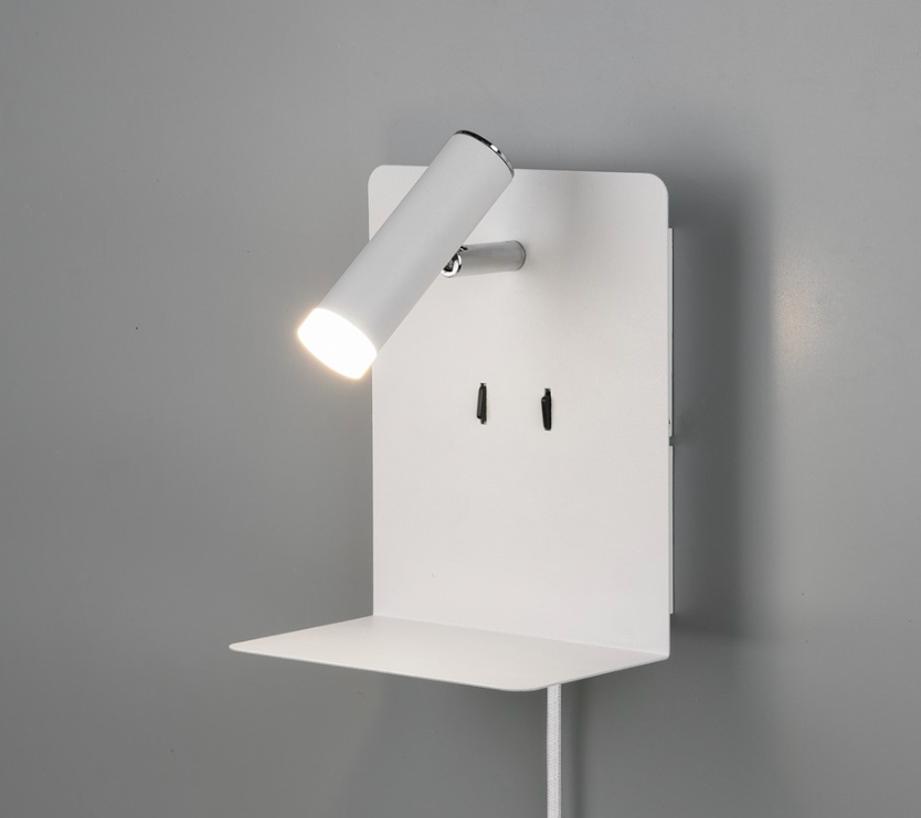 Podświetlany kinkiet LED do sypialni z półką i portem USB do czytania