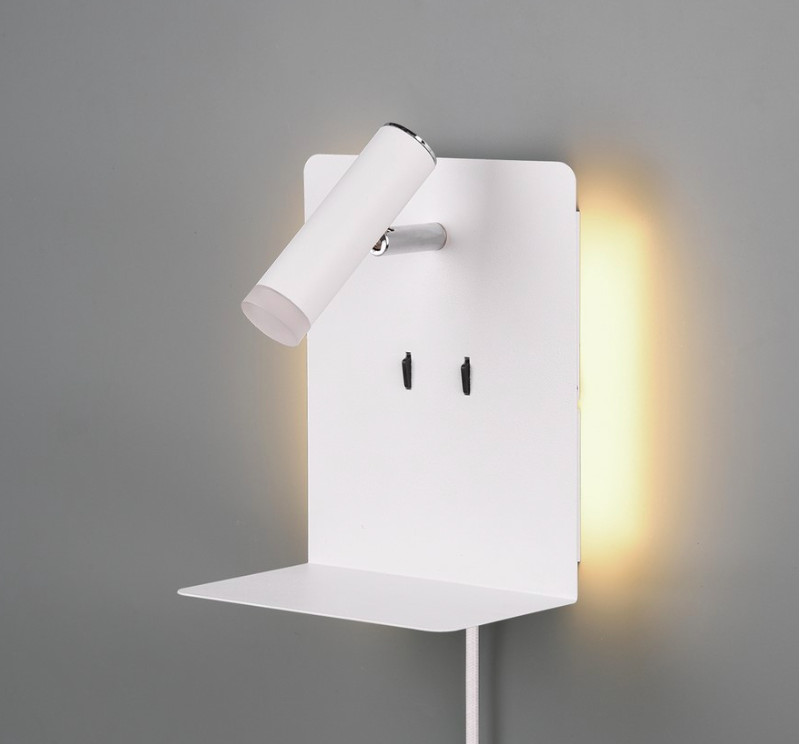 Podświetlany kinkiet LED do sypialni z półką i portem USB do czytania