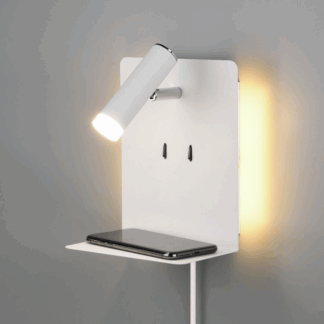 Kinkiet do sypialni biały z półką i portem USB do ładowania, nowoczesna lampa ścienna LED z podświetleniem tła, oświetlenie nocne z miejscem na smartfon