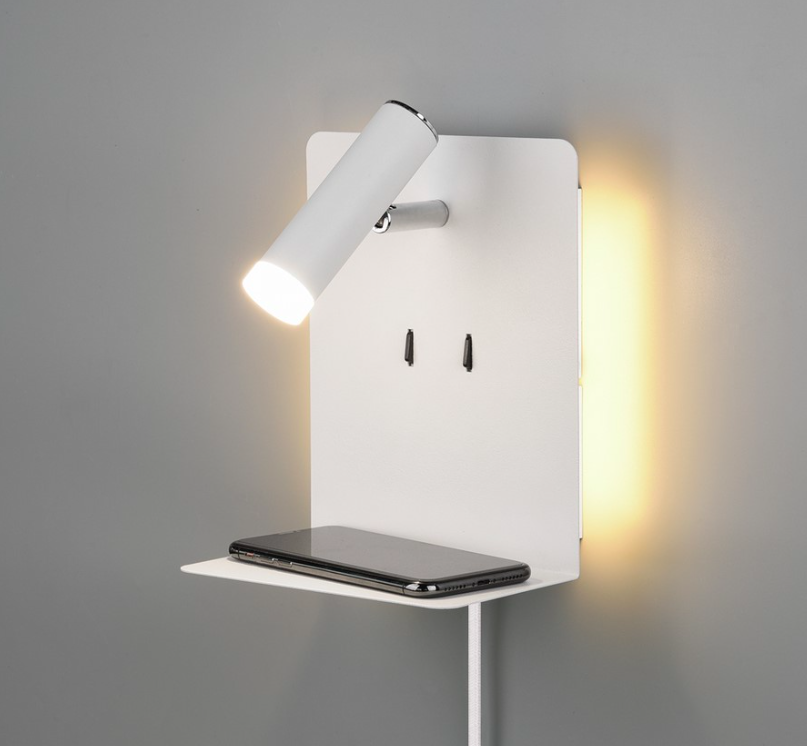 Podświetlany kinkiet LED do sypialni z półką i portem USB do czytania