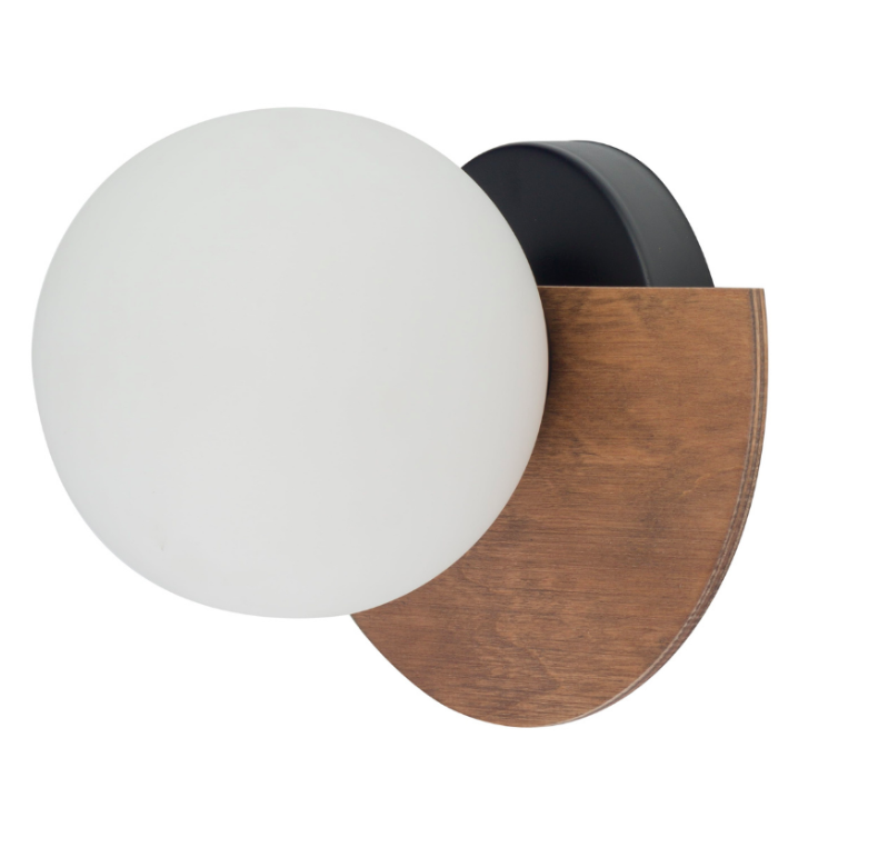 Kinkiet WoodFrame z drewnianym dyskiem i białą kulą