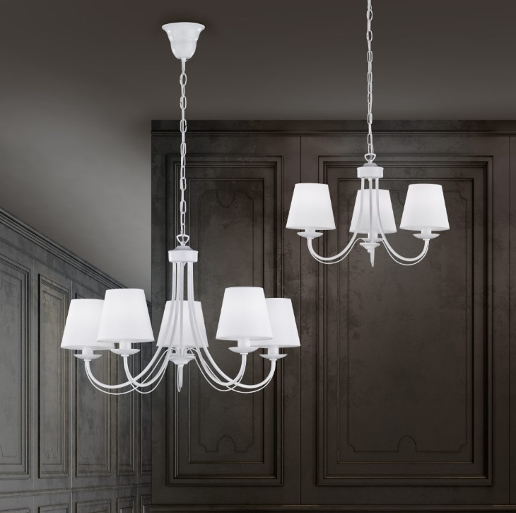 Biały żyrandol Cortez 5 z abażurami w klasycznym stylu do sypialni