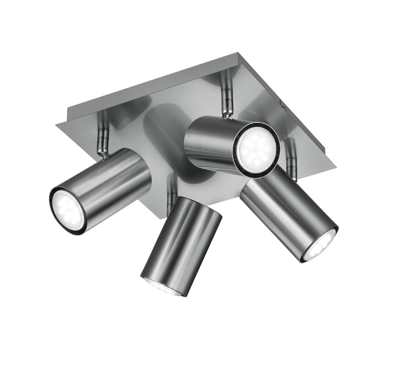 Kwadratowa lampa sufitowa Marley 4 w srebrnym kolorze z ruchomymi reflektorami