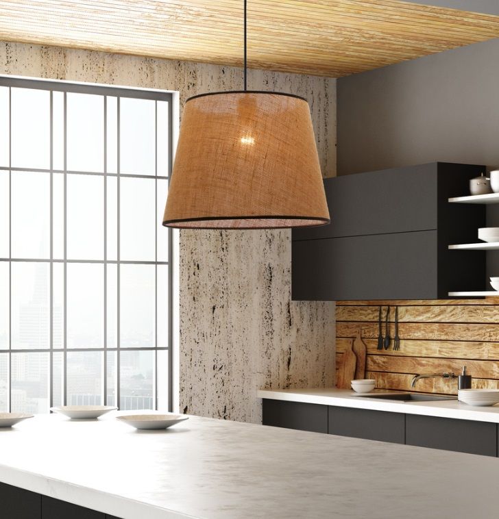 Wisząca lampa Jutland w brązowym kolorze z materiałowym abażurem