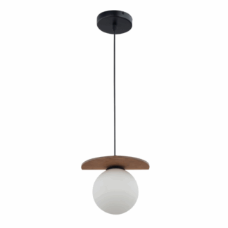 Wisząca lampa WoodFrame z drewnianym dyskiem i szklaną kulą