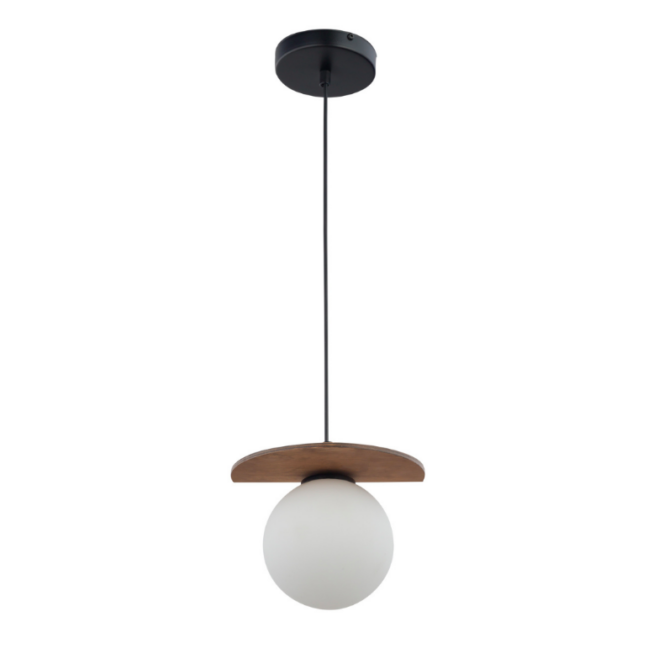 Wisząca lampa WoodFrame z drewnianym dyskiem i szklaną kulą