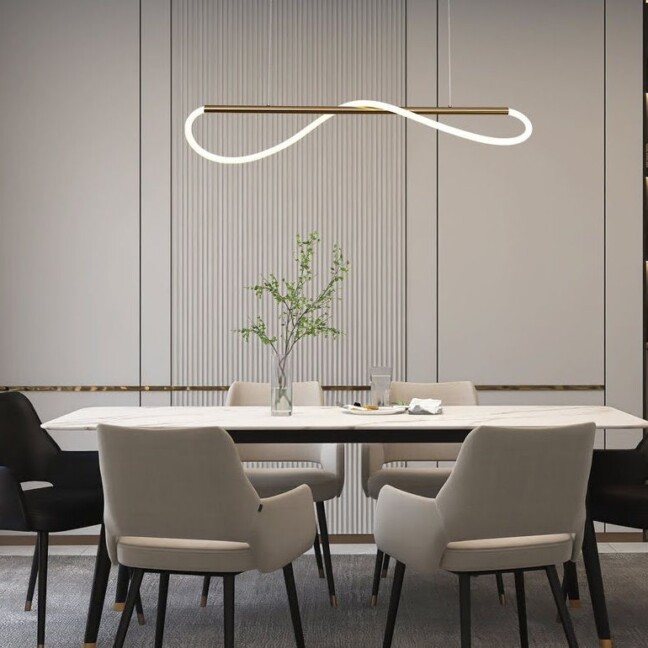 Nowoczesna, złota lampa wisząca Meleca S LED o liniowym designie