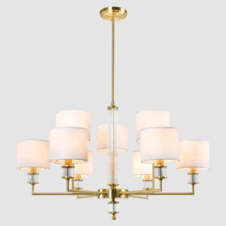 Elegancki żyrandol Sutton 9 z kryształami i białymi abażurami
