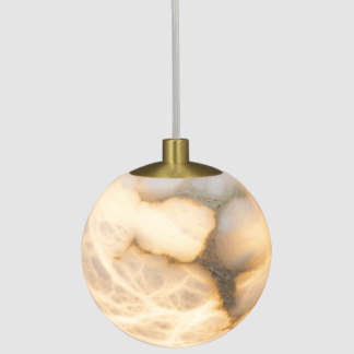 Mała wisząca lampa Volterra z alabastrową kulą i złotymi zdobieniami