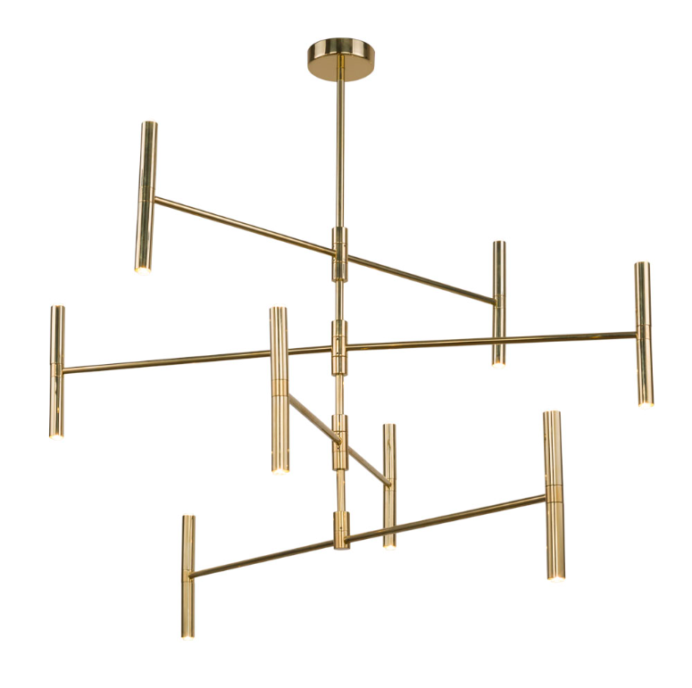 Nowoczesny mosiężny żyrandol Livi w formie złotych tub z regulowanymi ramionami