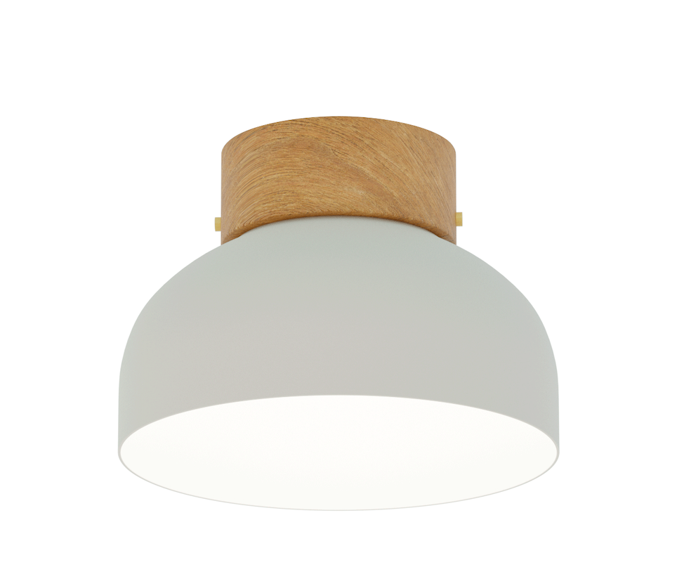 Nordycka lampa sufitowa Reiko z białym kloszem i drewnianymi akcentami do przedpokoju