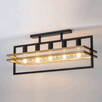 Nowoczesny żyrandol sufitowy HexaBlock 5 w stylu industrialnym z czarną metalową konstrukcją i złotymi elementami. Posiada pięć żarówek typu Edison, idealny do kuchni, jadalni lub wyspy kuchennej. Zamontowany bezpośrednio do sufitu.