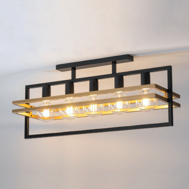Nowoczesny żyrandol sufitowy HexaBlock 5 w stylu industrialnym z czarną metalową konstrukcją i złotymi elementami. Posiada pięć żarówek typu Edison, idealny do kuchni, jadalni lub wyspy kuchennej. Zamontowany bezpośrednio do sufitu.