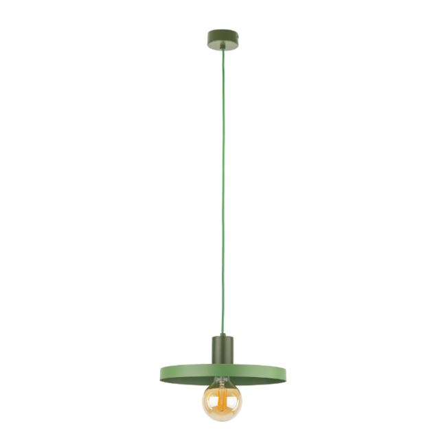 Zielona lampa wisząca Sila 30 o minimalistycznym, płaskim kształcie z widoczną żarówką Edison, zawieszona na dopasowanym kolorystycznie przewodzie z okrągłym mocowaniem sufitowym.
