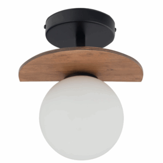 Plafon sufitowy z białą kulą, drewnianym półokrągłym elementem i czarną rozetą sufitową na białym tle.
