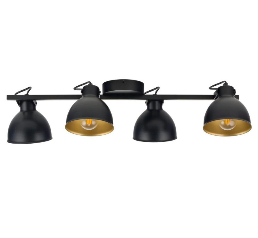 Podłużna sufitowa lampa IronCube 4 z czarnymi reflektorami