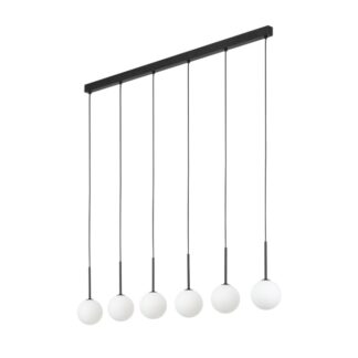 Podłużna wisząca lampa Martin 6 z opalowymi kloszami idealna nad wyspę kuchenną