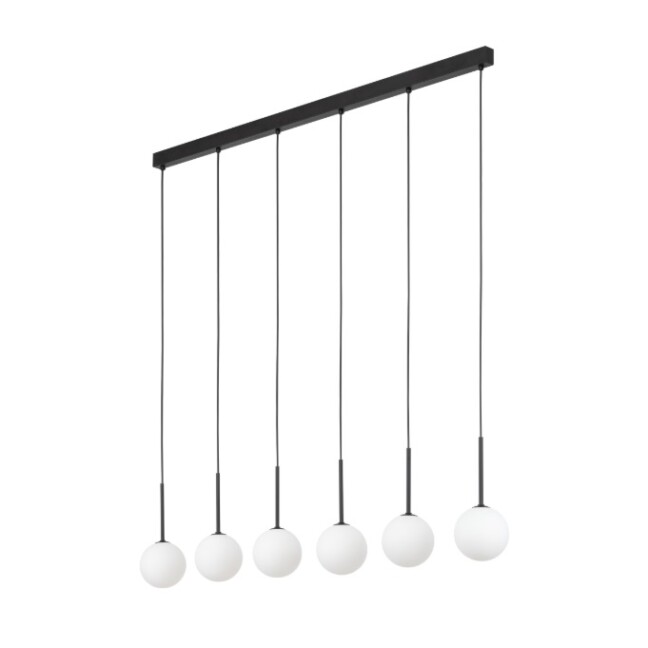 Podłużna wisząca lampa Martin 6 z opalowymi kloszami idealna nad wyspę kuchenną