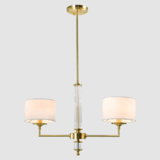 Złoty żyrandol Sutton 2 z podwójnymi białymi abażurami do sypialni