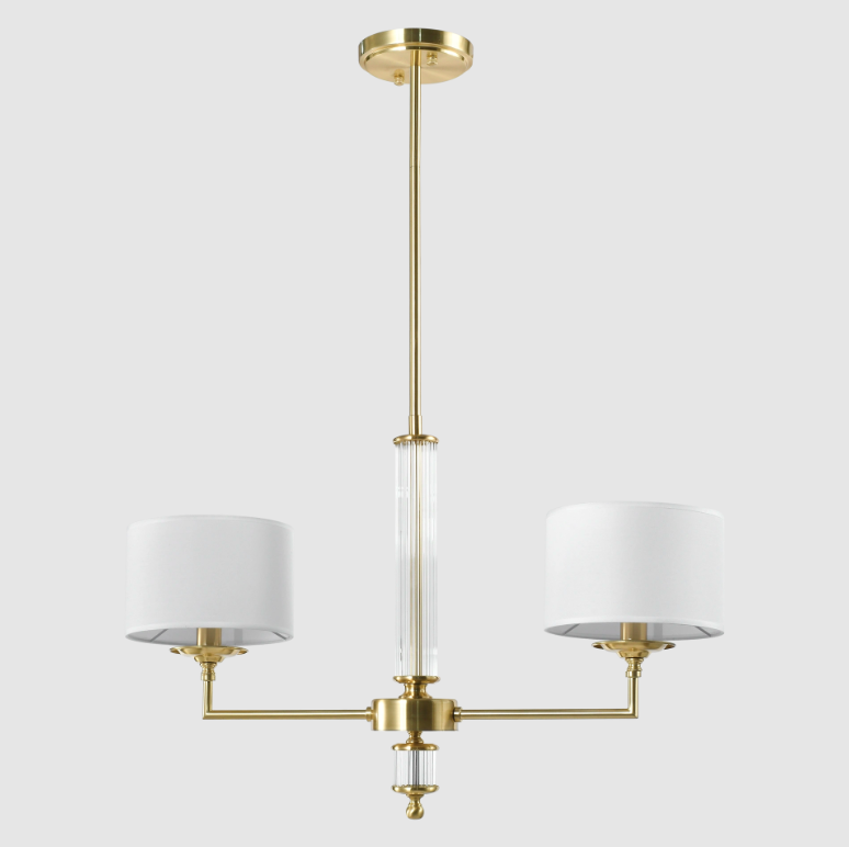 Złoty żyrandol Sutton 2 z podwójnymi białymi abażurami do sypialni