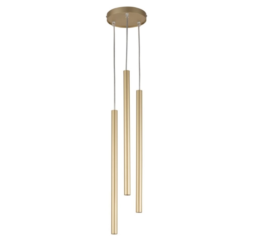 Potrójna wisząca lampa Filora 3 z eleganckimi, smukłymi złotymi kloszami