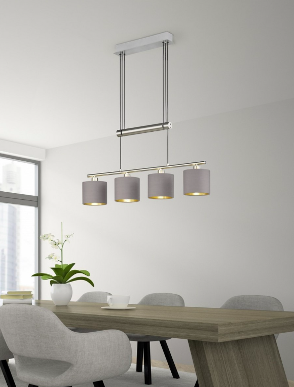 Srebrna wisząca lampa sufitowa Garda Trio 4 z szarymi abażurami