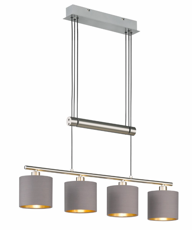 Srebrna wisząca lampa sufitowa Garda Trio 4 z szarymi abażurami