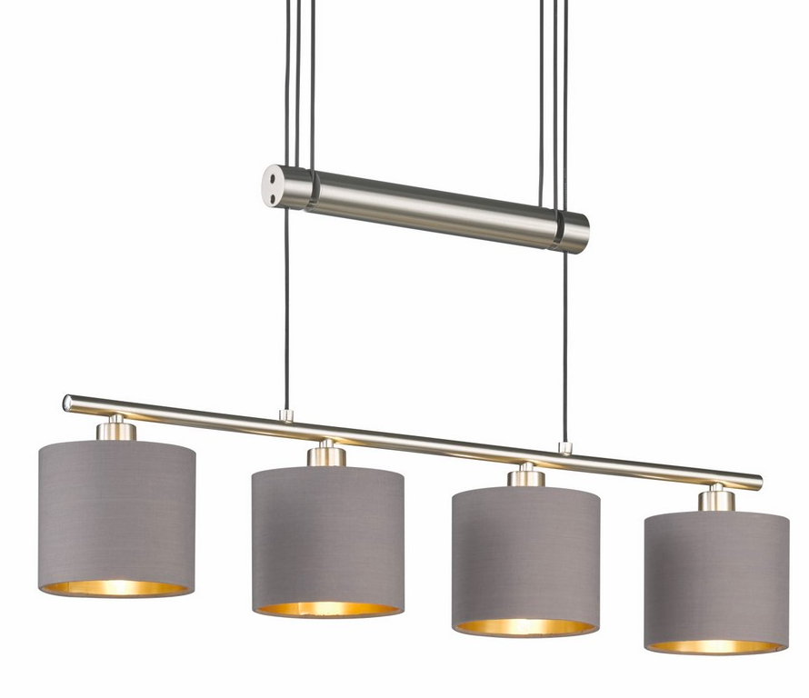 Srebrna wisząca lampa sufitowa Garda Trio 4 z szarymi abażurami