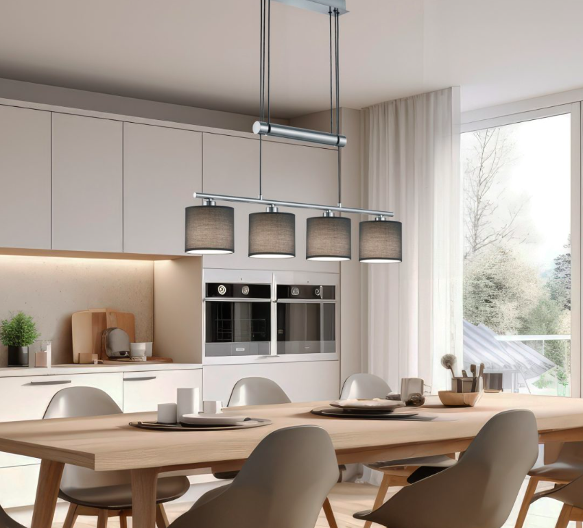 Srebrna wisząca lampa Garda Trio 4 z popielatymi abażurami