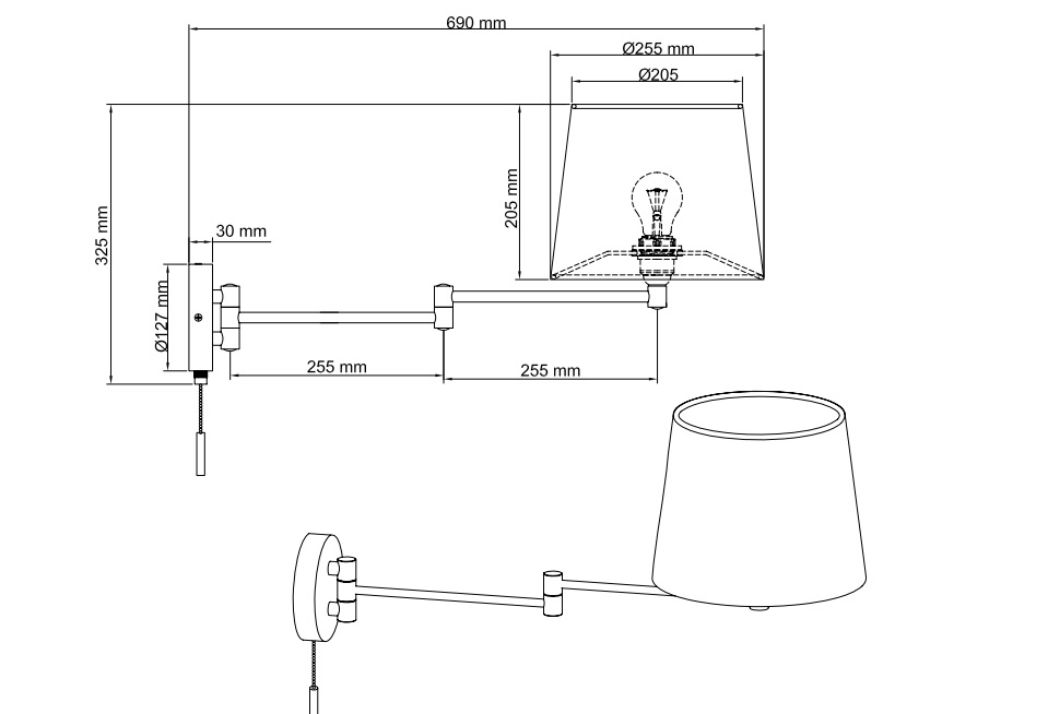 Srebrny kinkiet Lyon z białym abażurem i regulowanym ramieniem