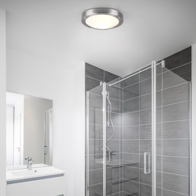 Srebrna lampa sufitowa Condus 30 IP44 w odcieniu niklu do łazienki