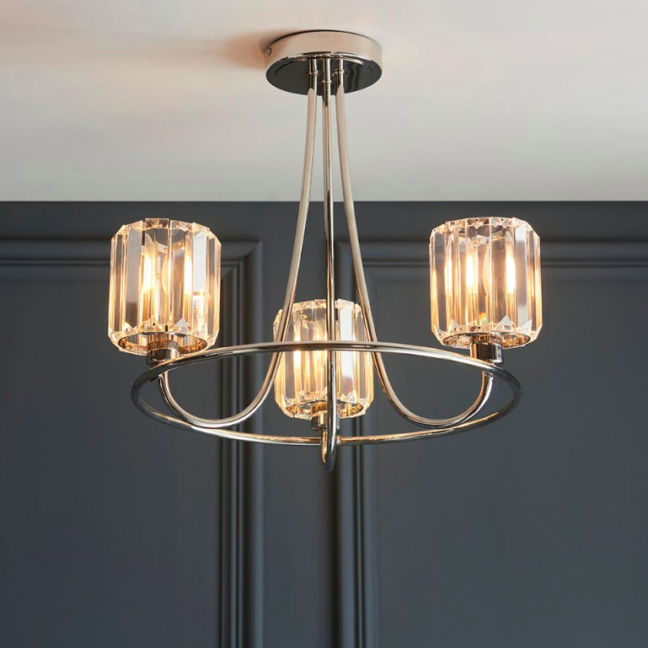 Srebrna lampa sufitowa w stylu art deco Berenice 3 z fasetowanymi kryształami