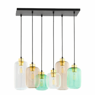 Wiszący żyrandol Marco 6 ze szklanymi, kolorowymi kloszami