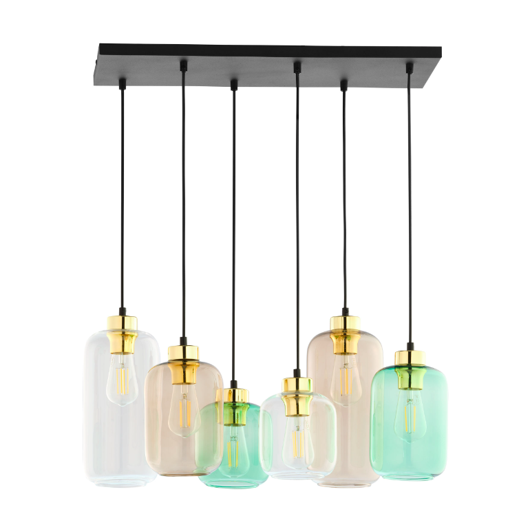 Wiszący żyrandol Marco 6 ze szklanymi, kolorowymi kloszami