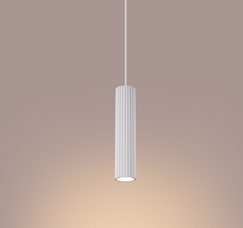 Biała wisząca lampa tuba Karbon do zawieszenia nad stołem