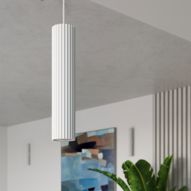 Biała wisząca lampa tuba Karbon do zawieszenia nad stołem