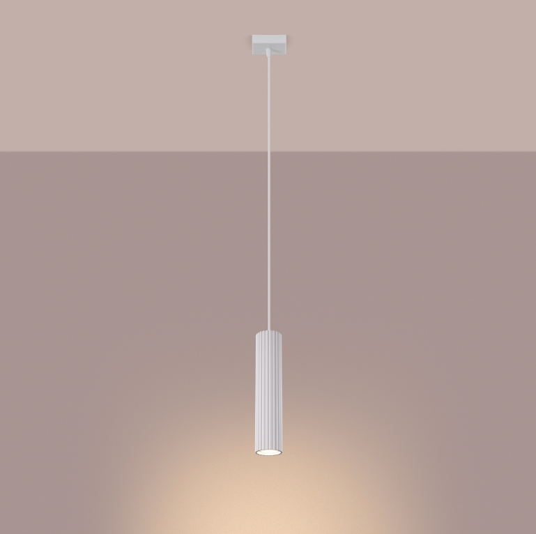 Biała wisząca lampa tuba Karbon do zawieszenia nad stołem