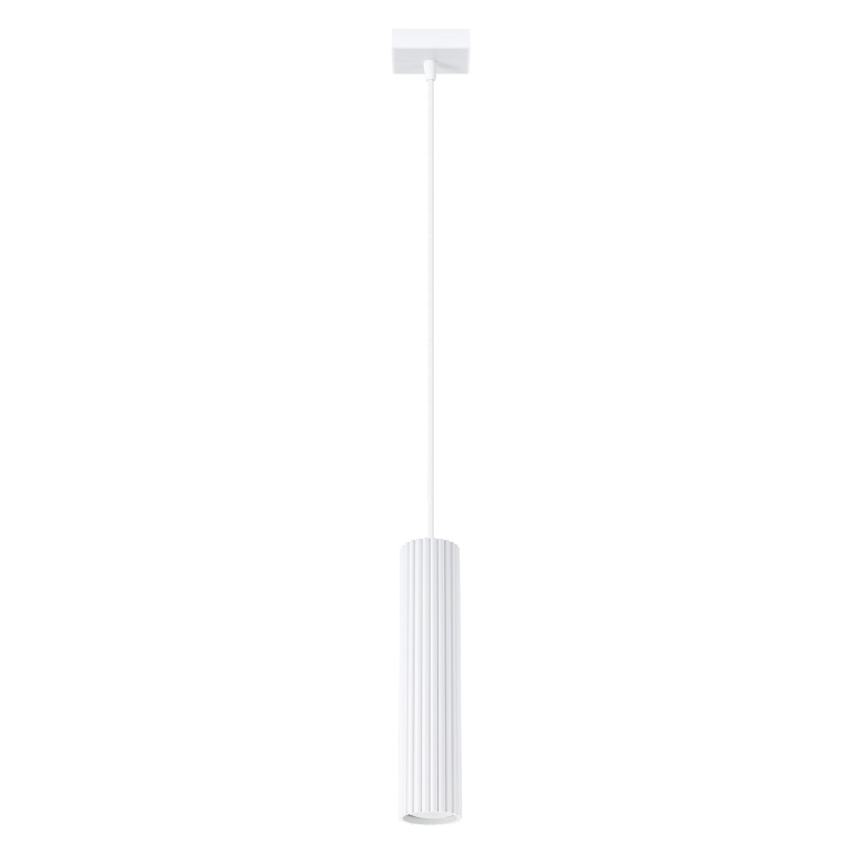 Biała wisząca lampa tuba Karbon do zawieszenia nad stołem