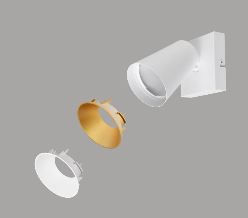 Biała, szeroka lampa sufitowa Sharp 4 z reflektorami na szynie